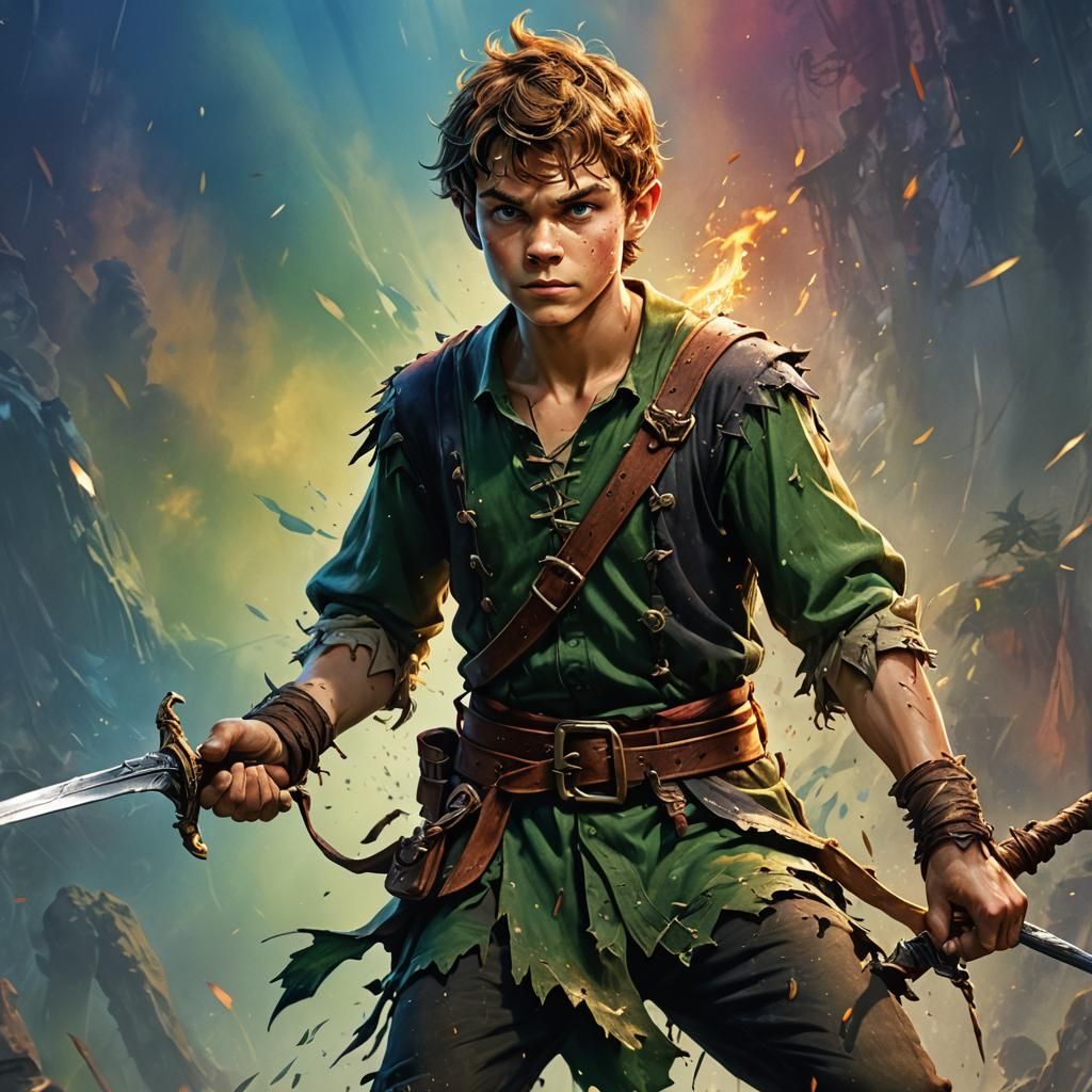Grim Peter Pan with Sword: Hyperrealistic Concept Art