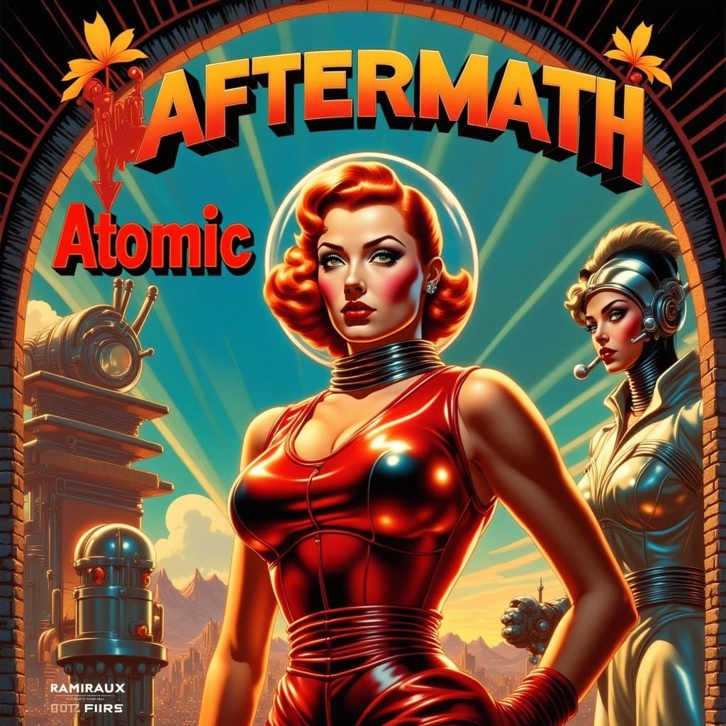 Retro-Futuristic Pin-Up Girl in Moody Dungeon, Spacesuit and...