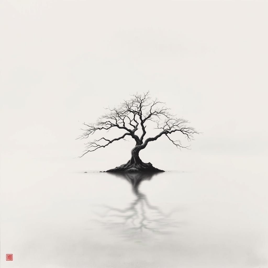 Serene Cherry Tree in Misty Asian Ink Wash Landscape
