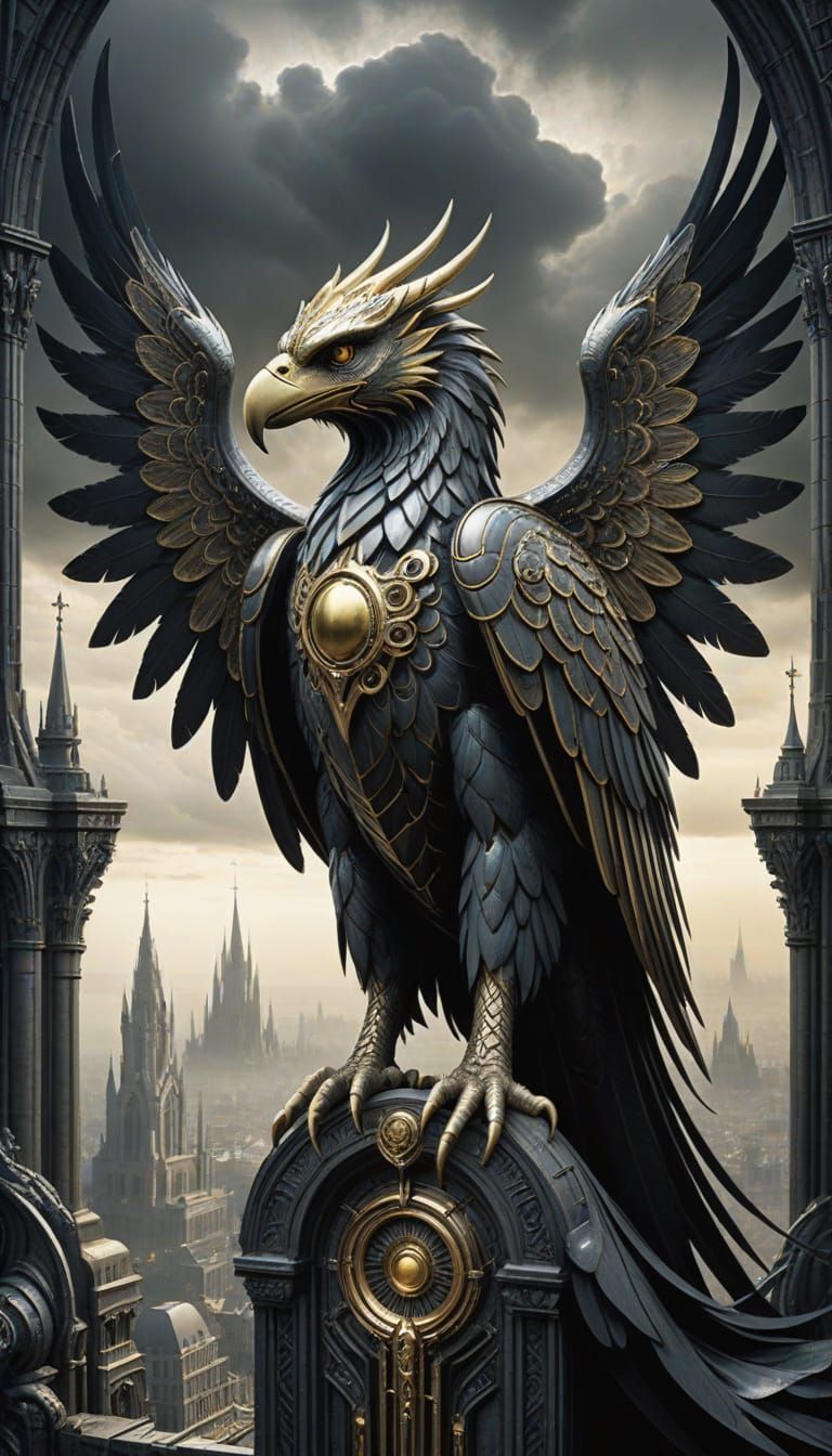 Majestic Griffin Perched on Gothic Cathedral in Hyperrealist...