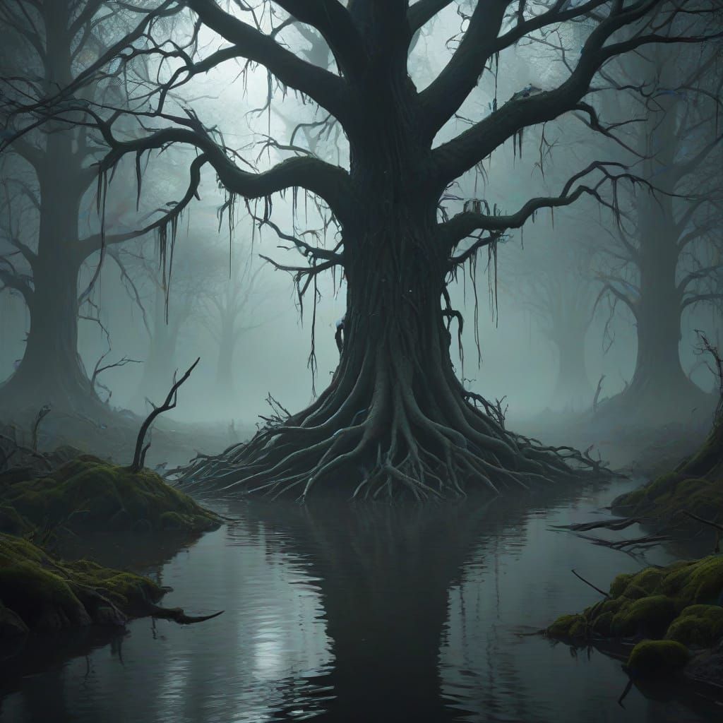 Eerie Swamp Fog Obscures Dark Fantasy Landscape