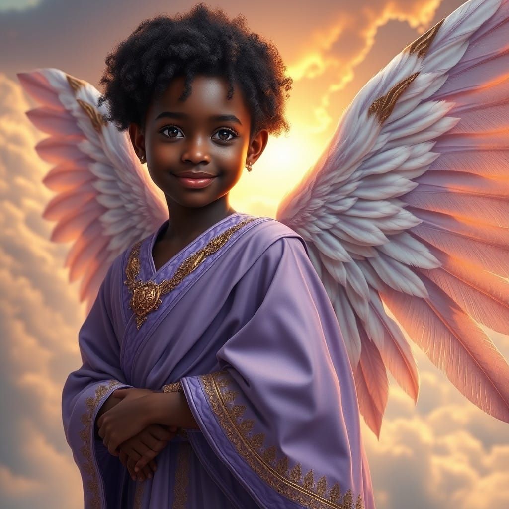 Ebony Angel in Lavender Robes with Wings