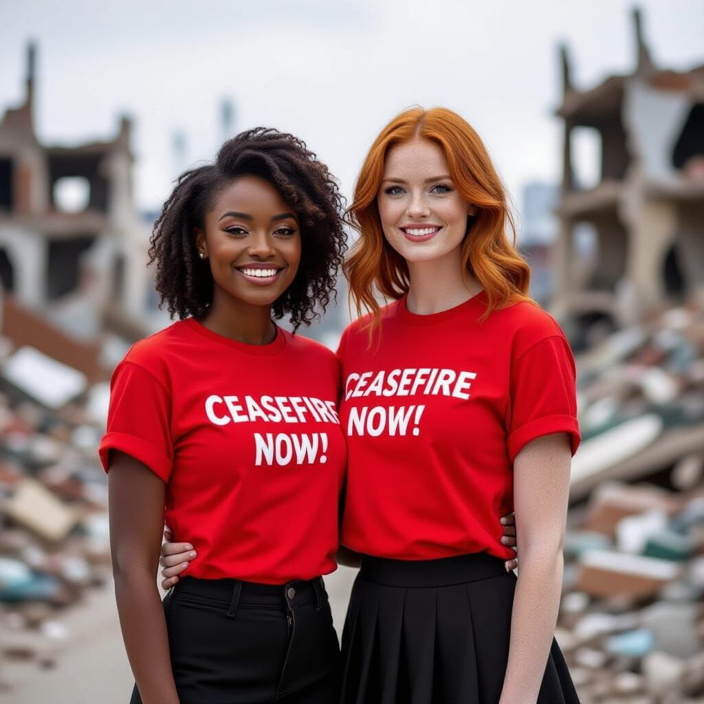 Two Women Stand Together in Destroyed City