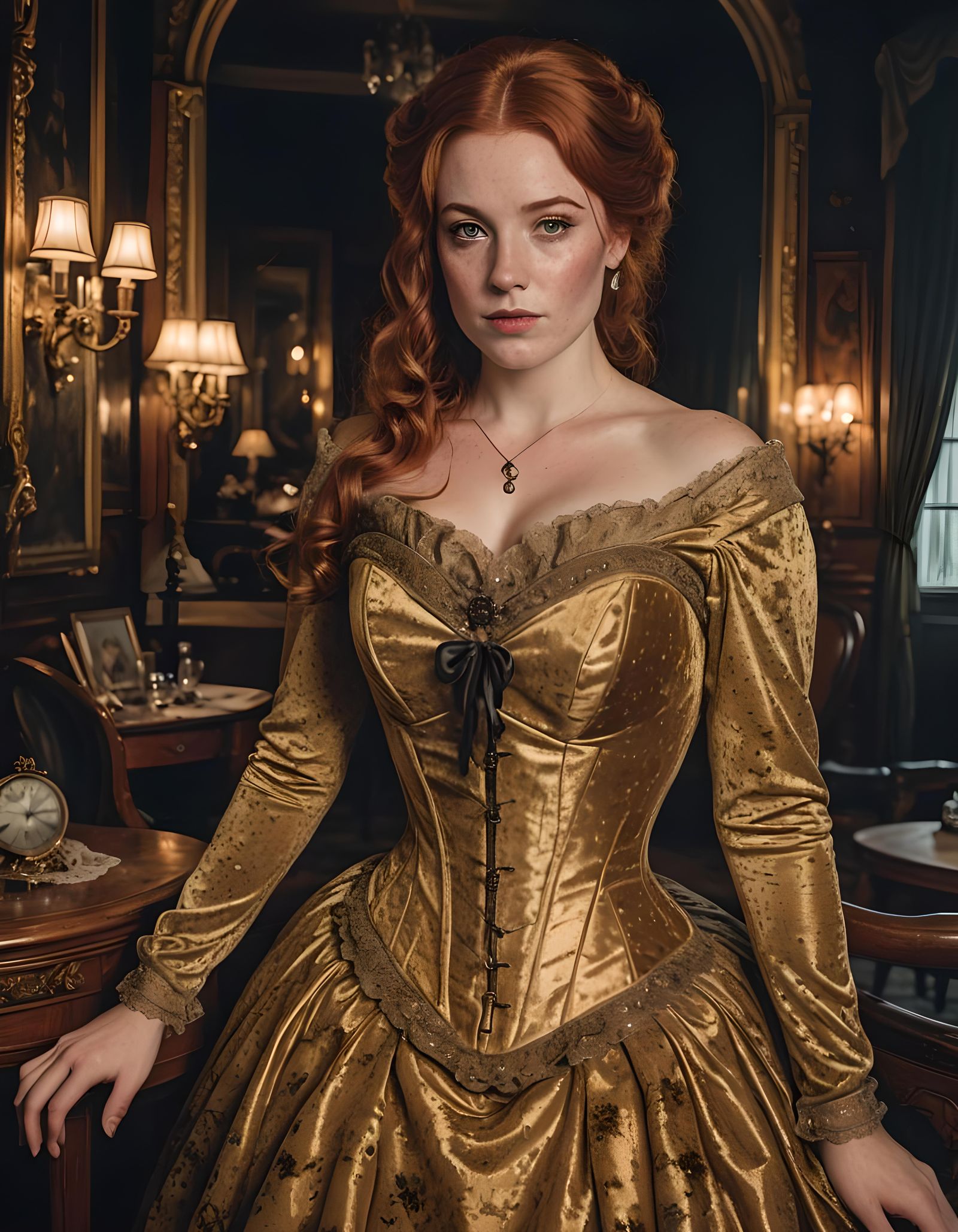 Victorian Woman in Gold Velvet Dress Portrait