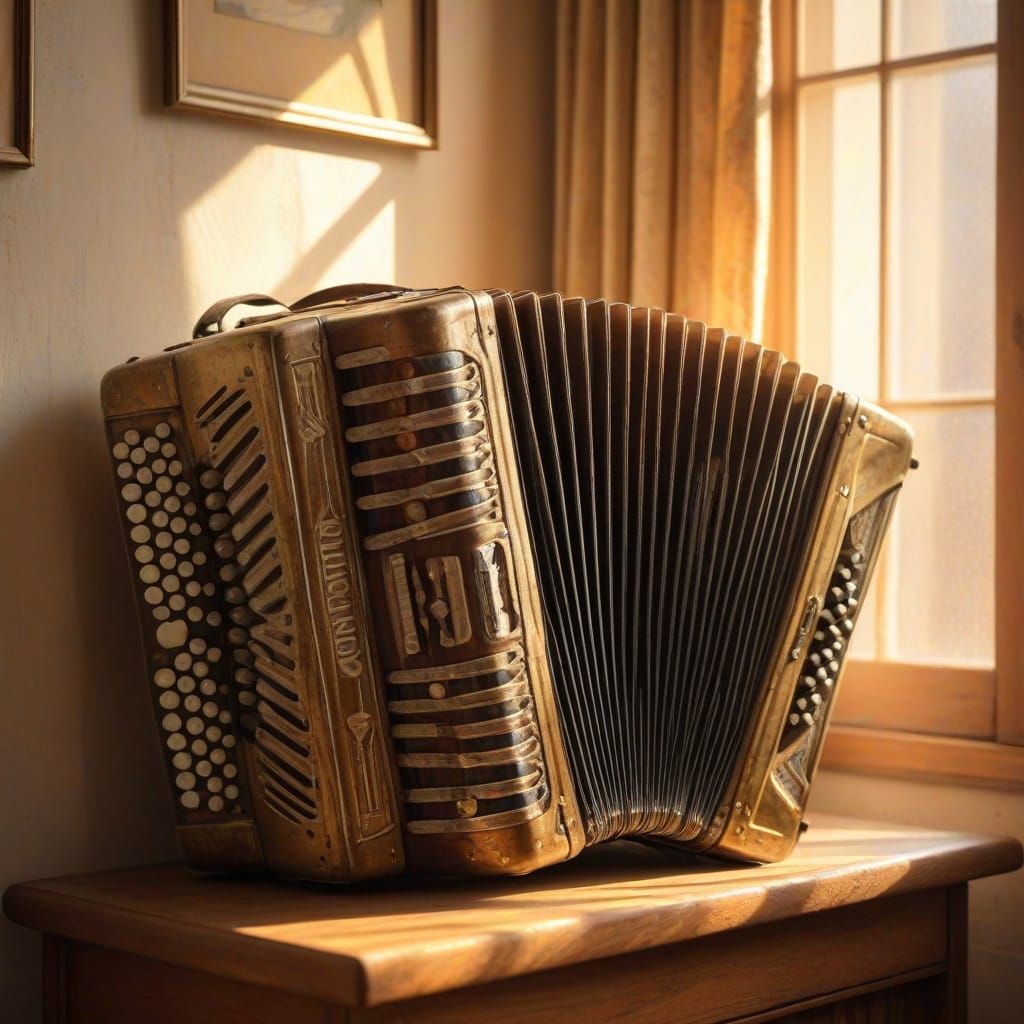 Nostalgic Accordion in Sunlit Room, Impressionist Style