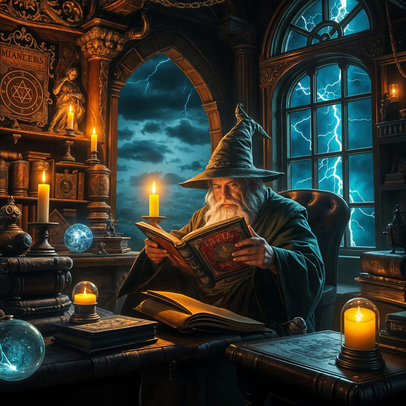 Wizard in Illuminated Study of Ancient Arcana
