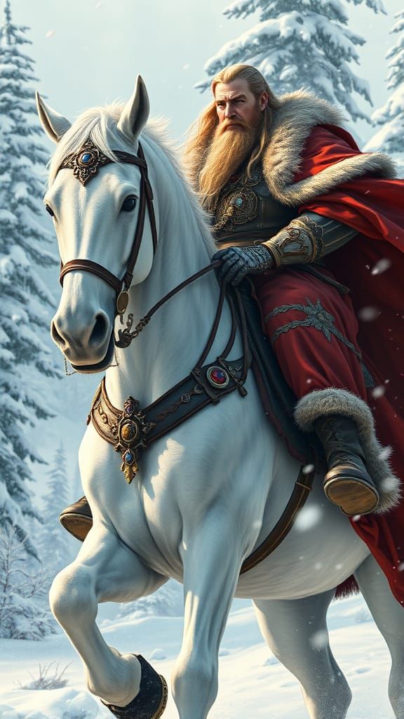 Medieval Warrior Rides Majestic White Horse through Snowy La...