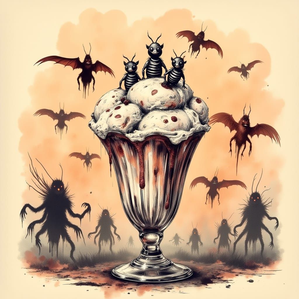 Vintage Ink Drawing of Eldritch Horror-Inspired Ice Cream Su...