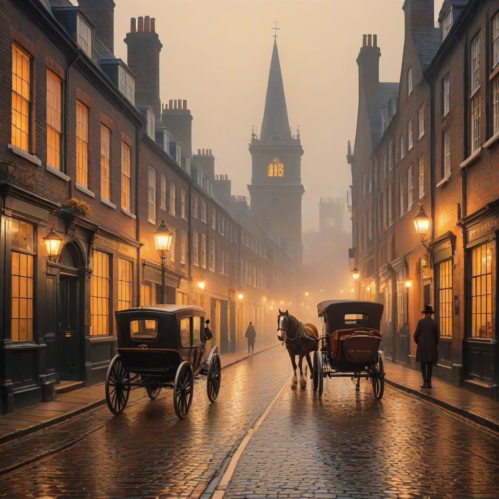 Foggy Evening in Ancient London's Cobblestone Streets