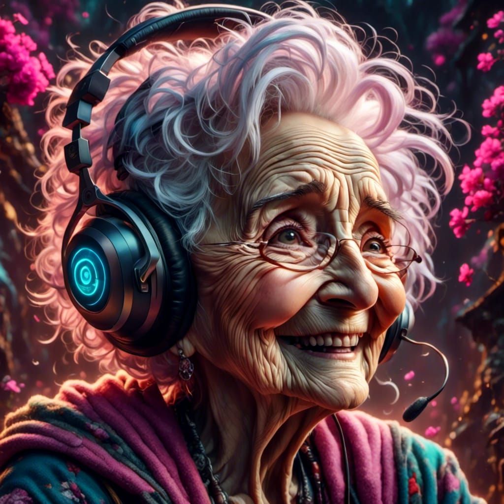 Punk Goth Grandma Listening to Music in Hyperrealism