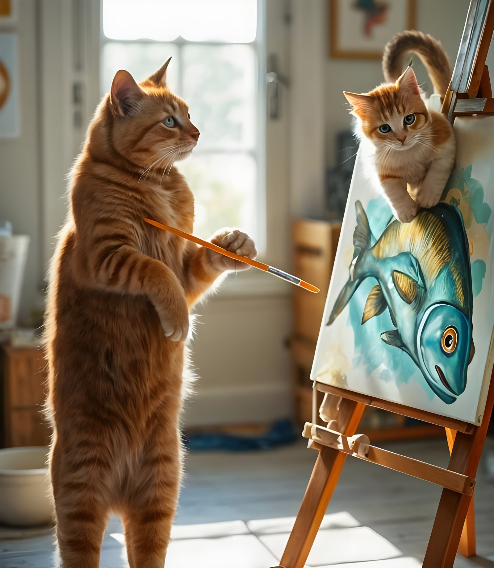 Tabby Cat Paints a Fish for Kitten Friend