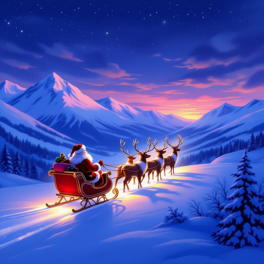 Santa and Reindeer Fly Over Scotland in Painterly Style