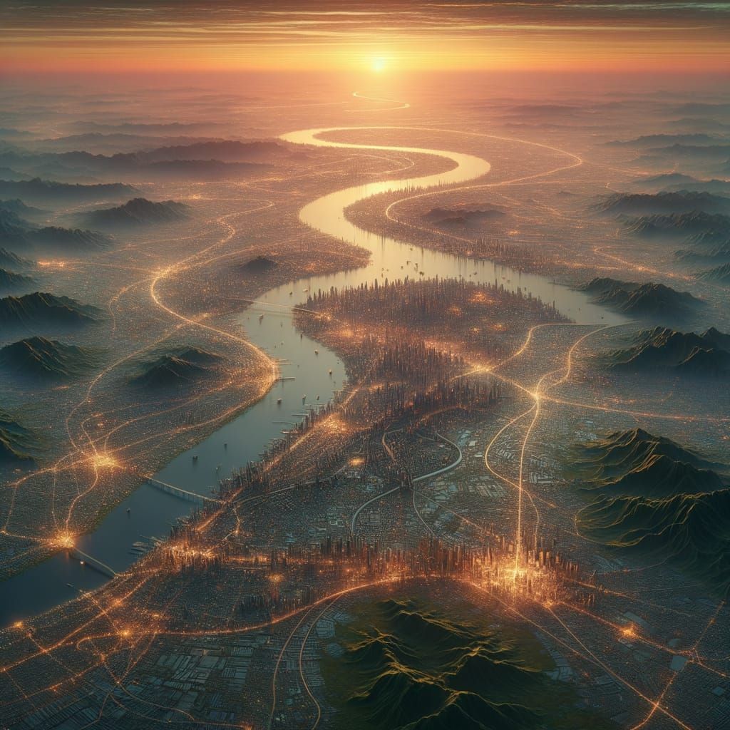 Hypermaximalist Landscape at Sunrise with Winding River