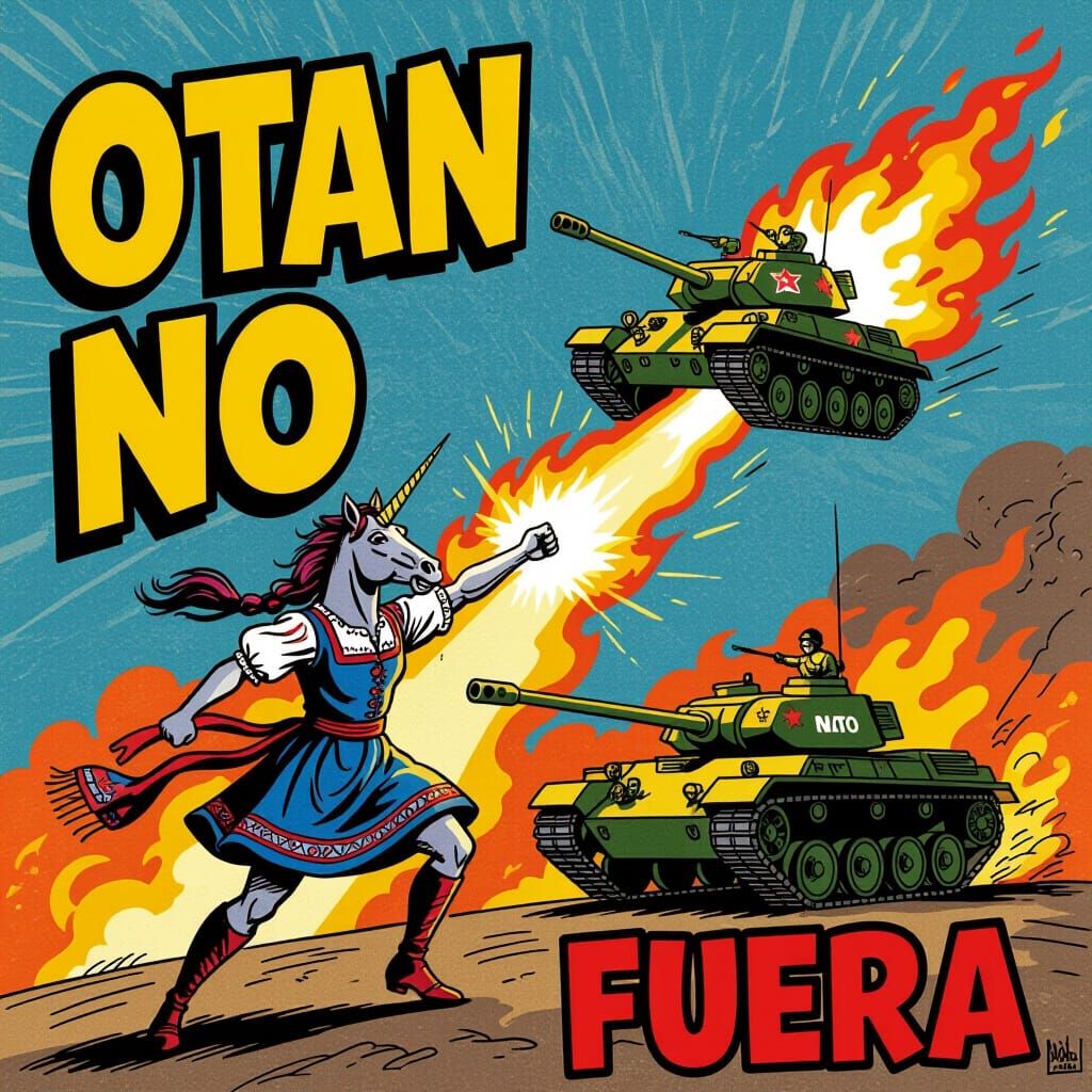 Riojan Unicorn Attacks Tank in Dramatic Anti-War Poster