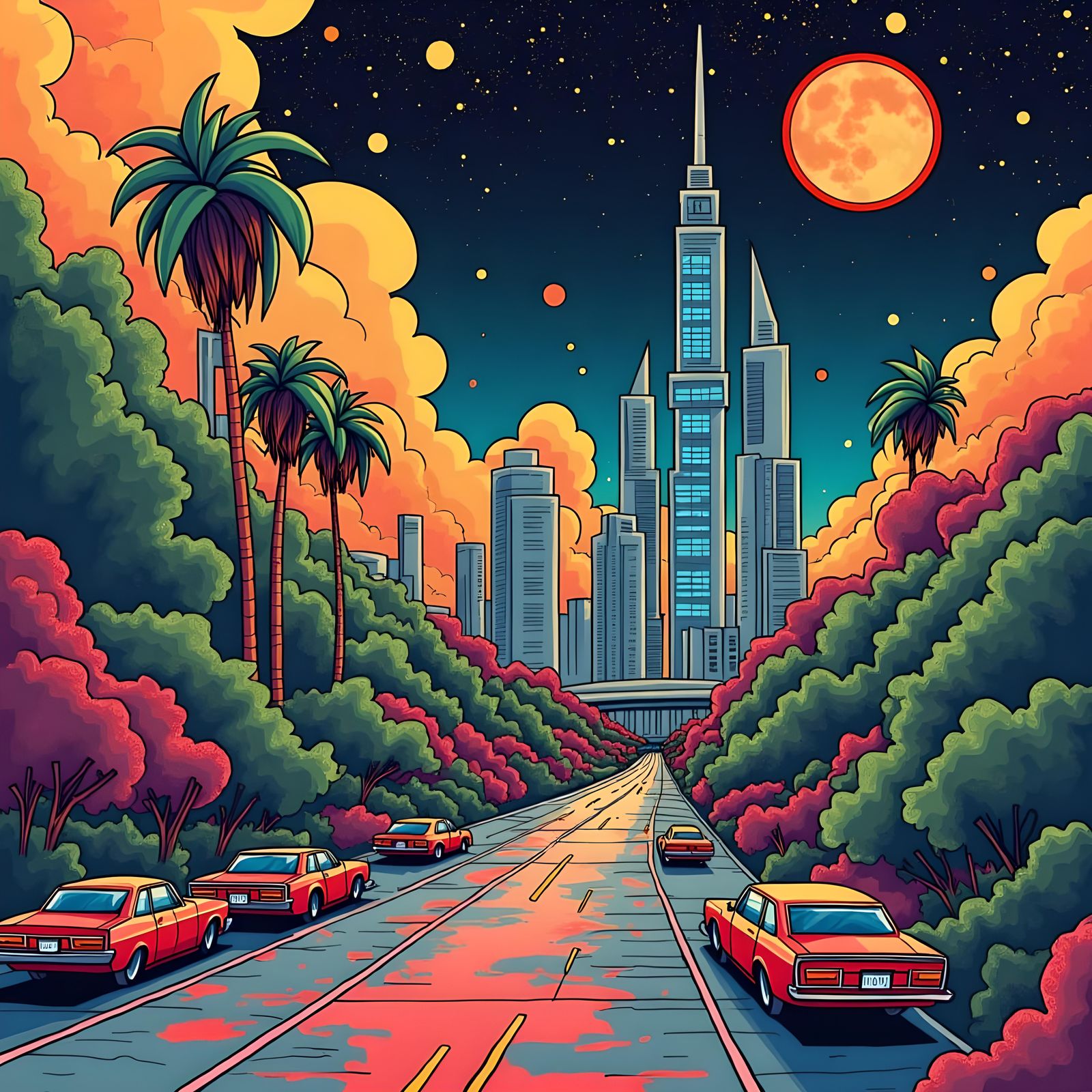 Pop Art Cityscape with Geometric Shapes