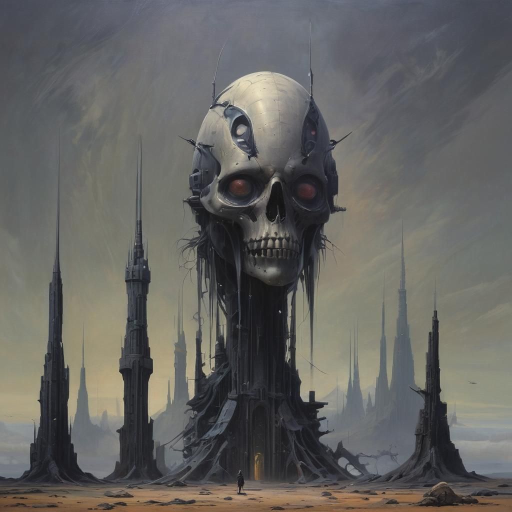 Dark Gothic Sci-Fi Painting in Jim Burns Style