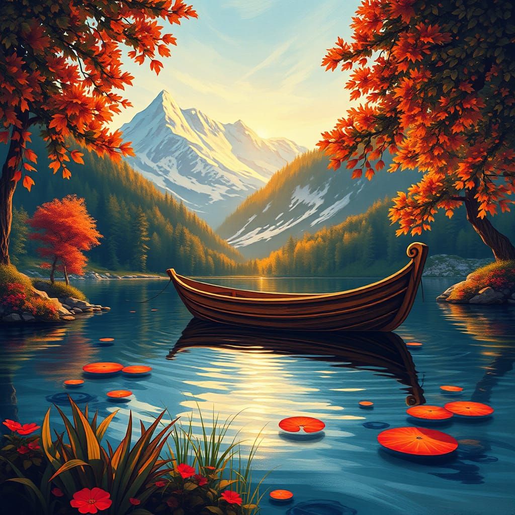 Dreamlike Boat on Austrian Pond in Matisse Style