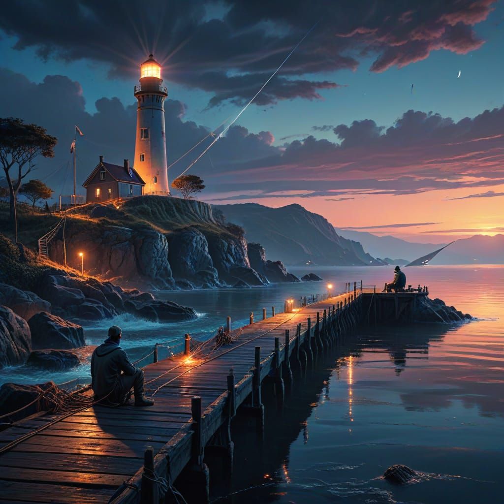 Fisherman Mending Nets at Night in Surreal Style