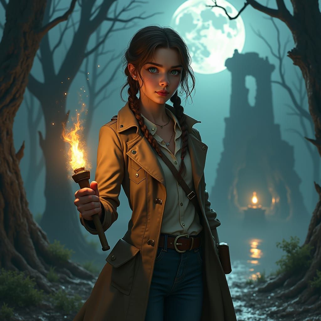 Detective Girl in Fantasy Forest, Digital Matte Painting