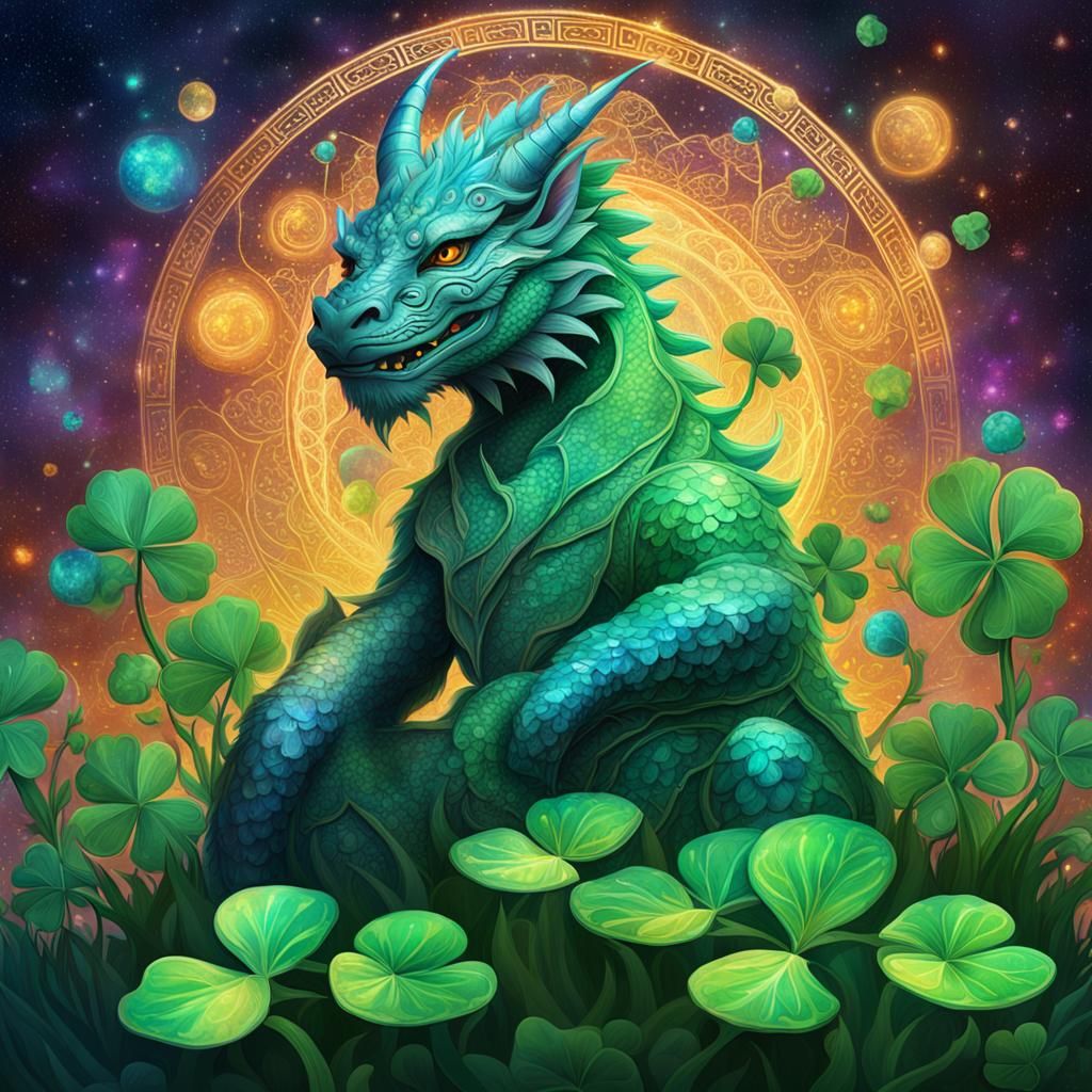 Astral Luck Dragon on Clovers in Holographic Style