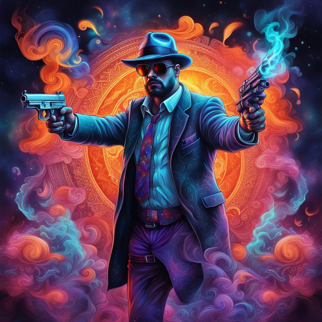 Gangster with Gun in Astral Cosmic Illustration