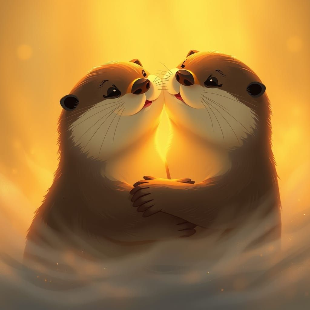 Otters Embrace in Golden Light