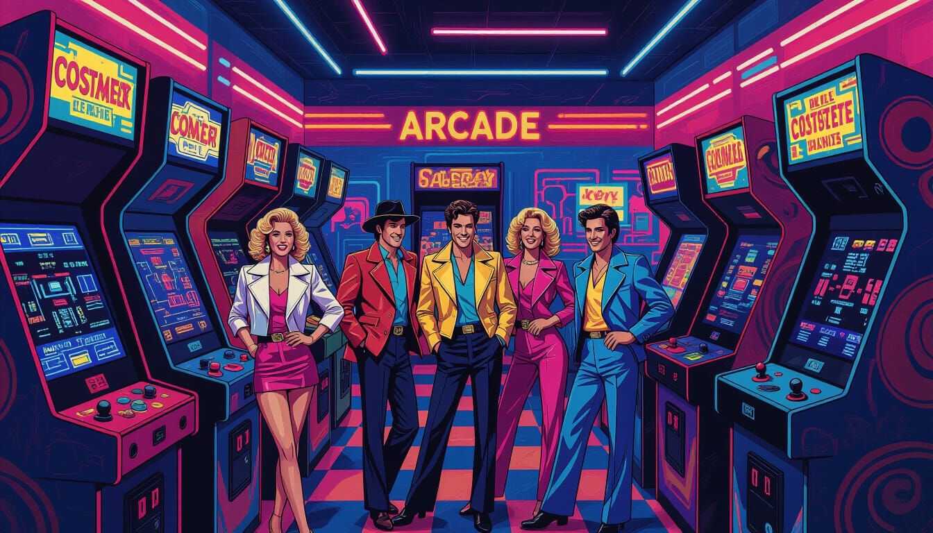 Retro Arcade Night: 1980s Style Neo-Impressionist Painting