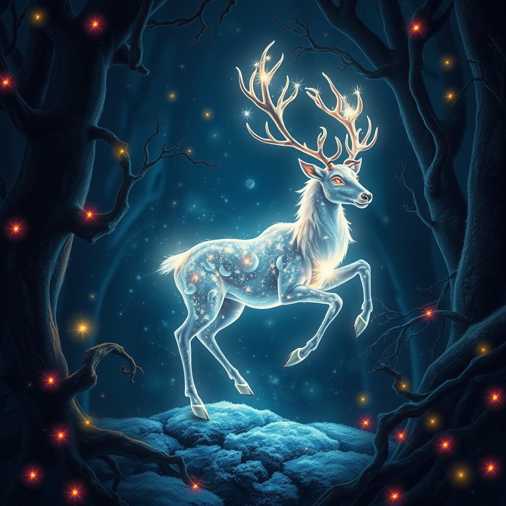 Ethereal Reindeer in Enchanted Forest: Fantasy Illustration