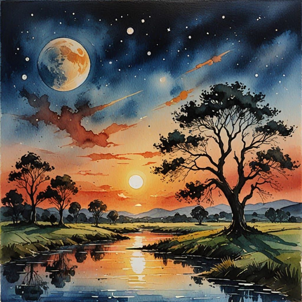 Vibrant Sunset with Celestial Bodies in Impasto Style