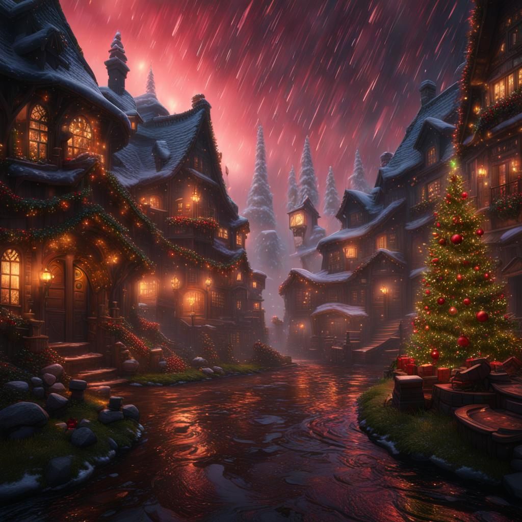 Rainy Christmas Day in Detailed Matte Painting Style
