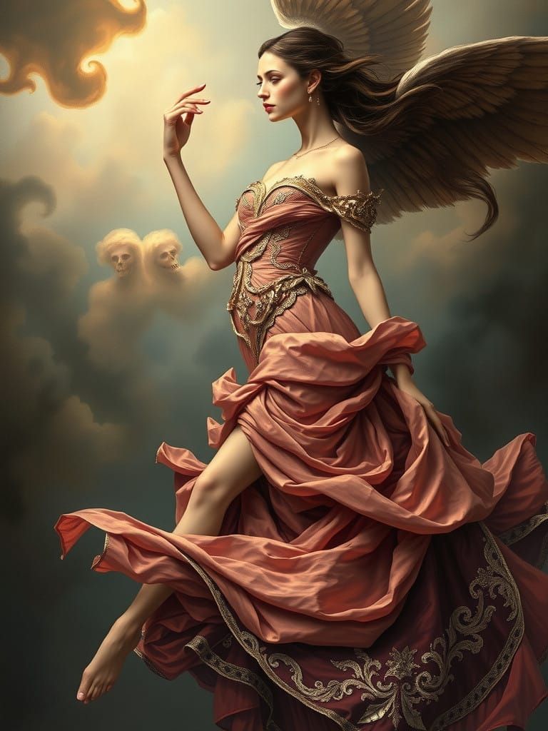 Ethereal Goddess in Ornate Gown with Soft, Haunting Backdrop