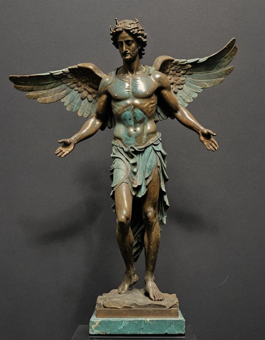 Ancient Bronze Winged God Statuette in Museum