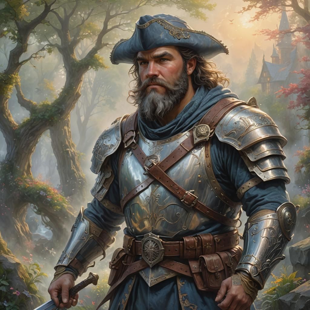 Charming Armored Veteran in Ethereal Fantasy Style
