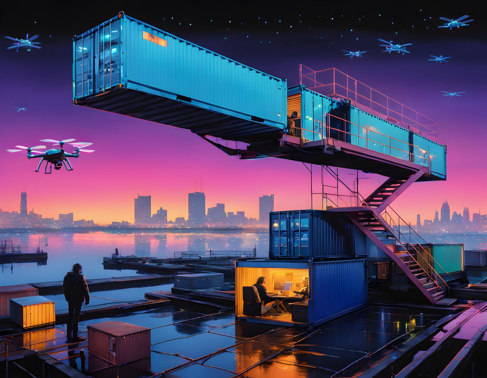 Hyper-Realistic Aerial Cityscape at Twilight