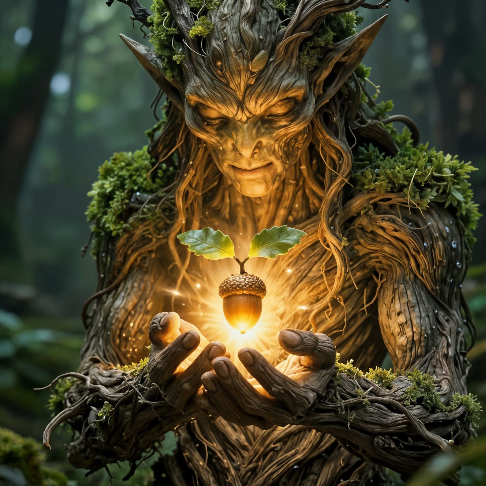 Tree Elemental Holds Glowing Acorn, New Life