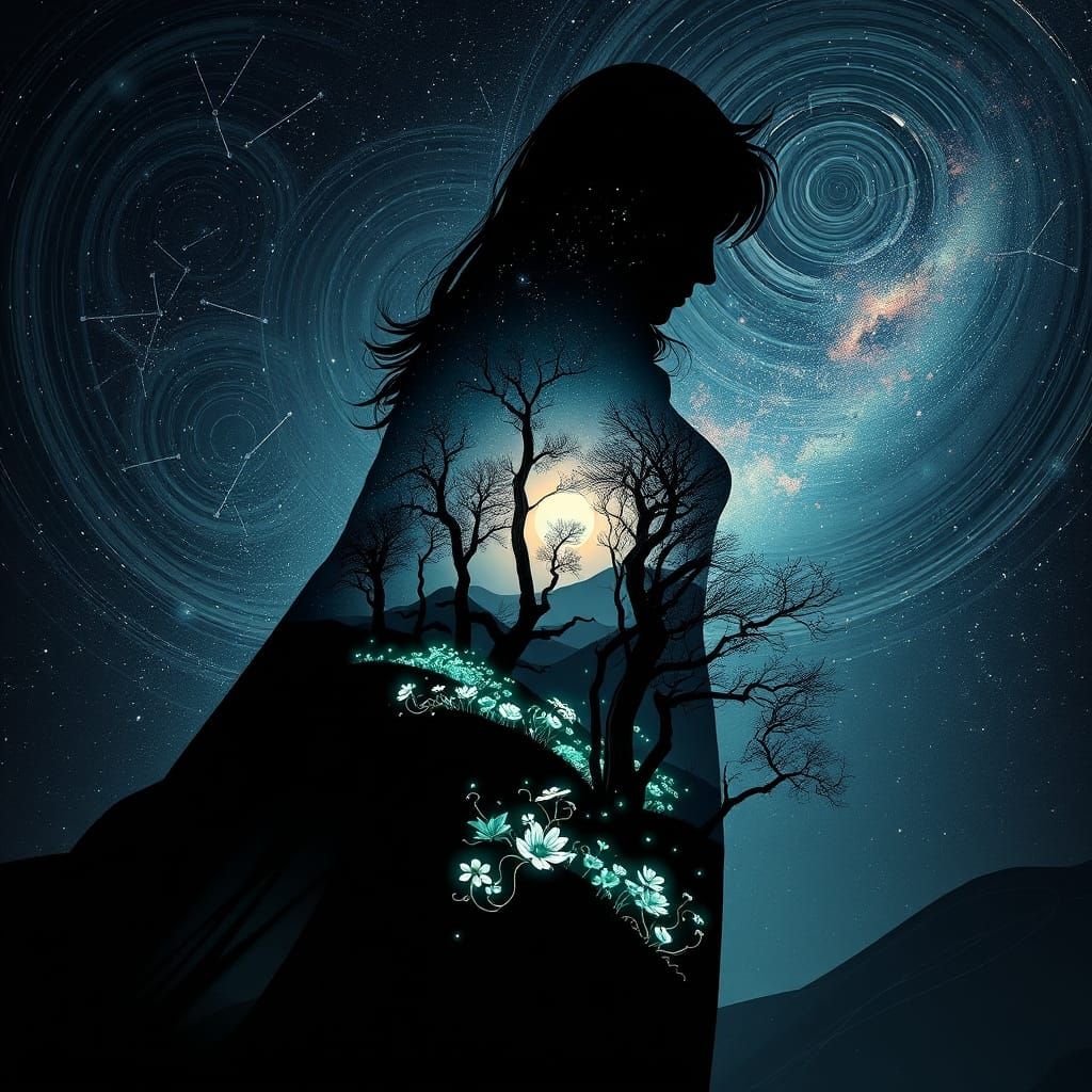 Shadow Weaver: Digital Double Exposure Japanese Ink Art