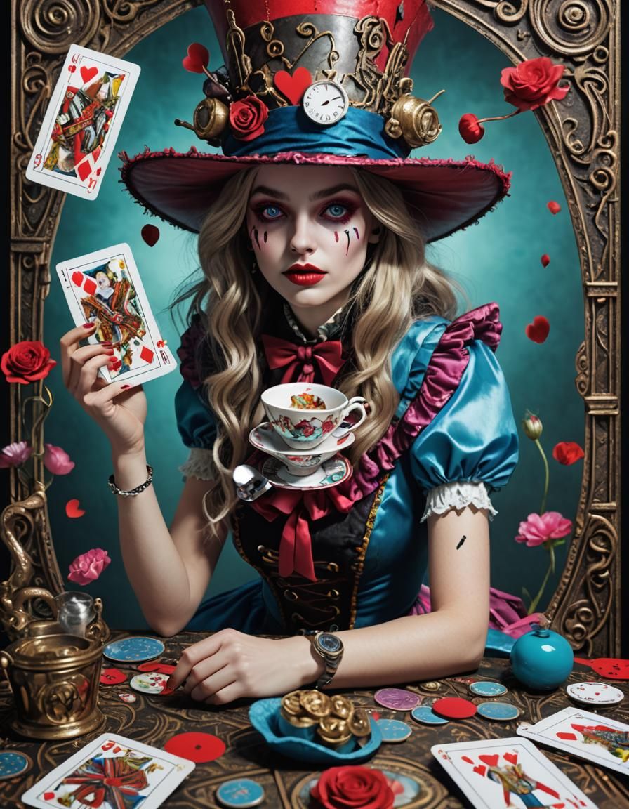 Alice in Wonderland Tarot Card in Neon Punk Style