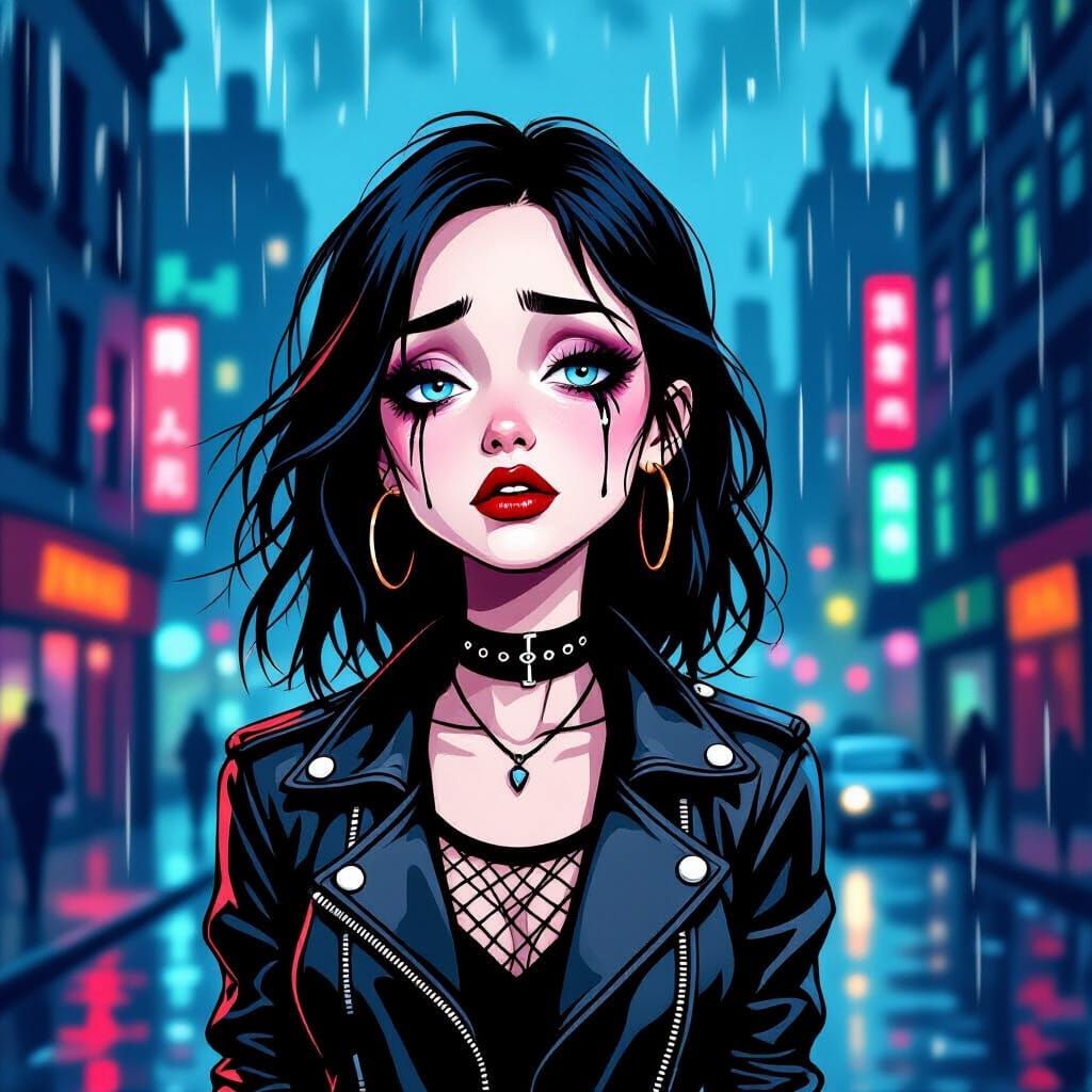 Emo Goth Girl Crying in Rainy Cityscape Cartoon
