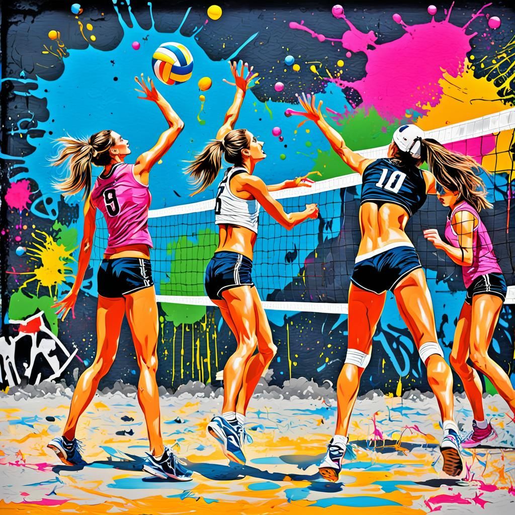 Supermodels Play Volleyball in Graffiti Street Art Style