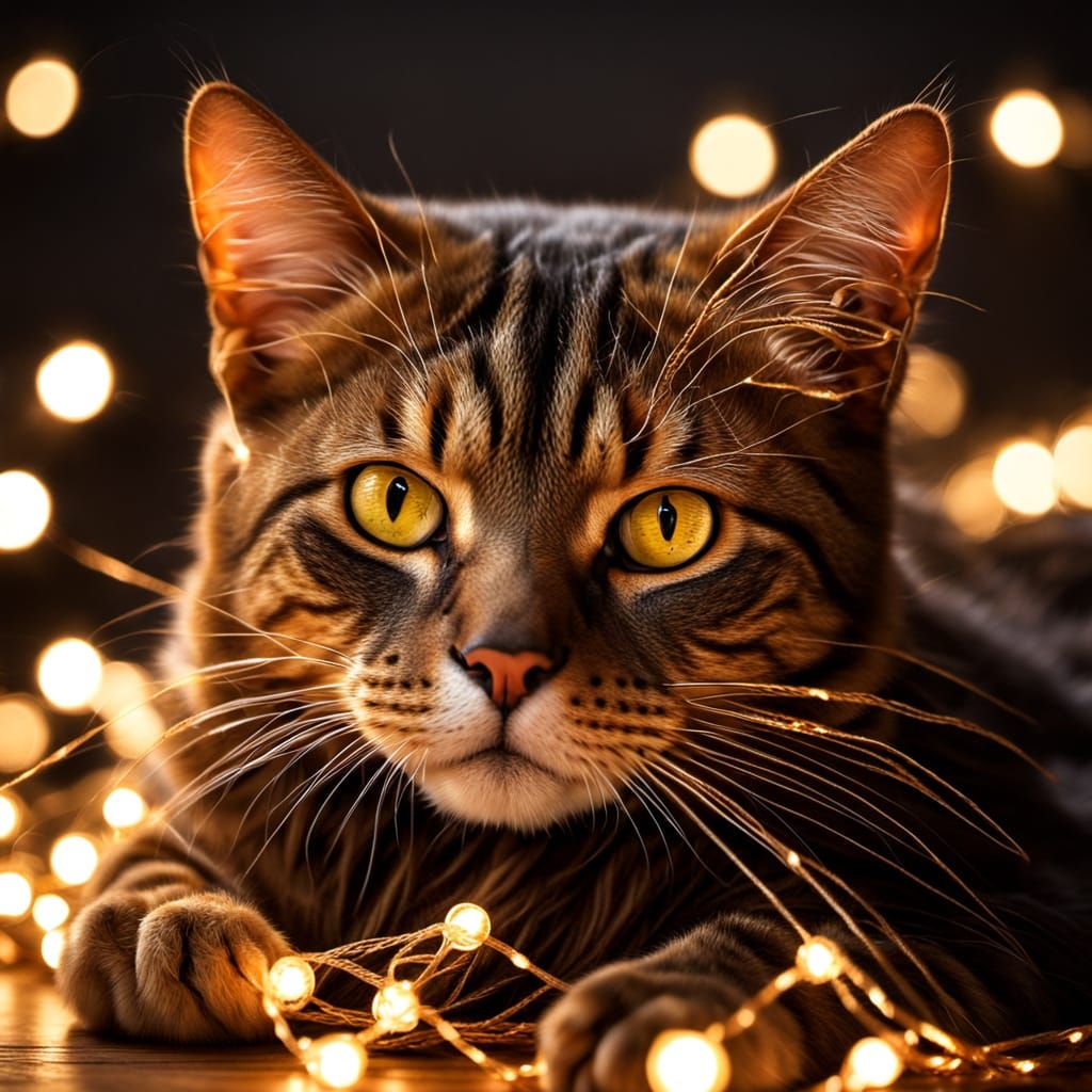 Tabby Cat Wrapped in Golden String Lights