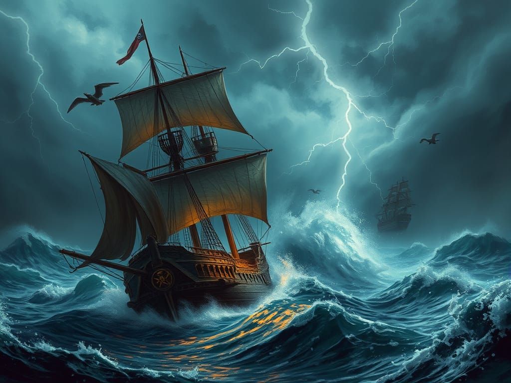 Medieval Pirate Ship Battles Cargo Ship in Stormy Seas