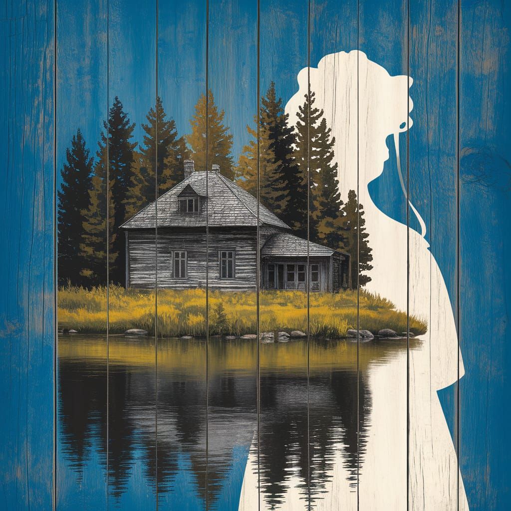 Ukrainian House with Woman Silhouette in Double Exposure