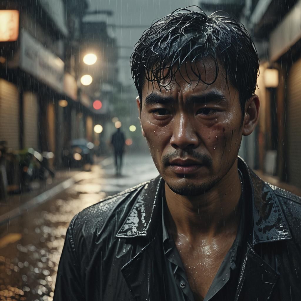 Emotional Thai Man Cries in Rainy Alley