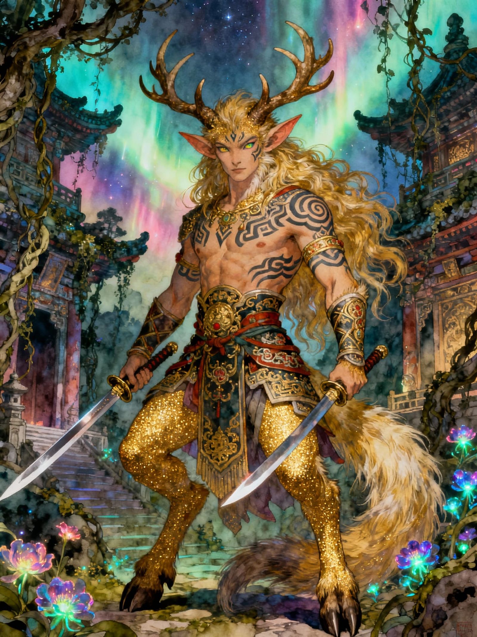 Fantasy Puck Imp Pixie in Golden Pointillism Art