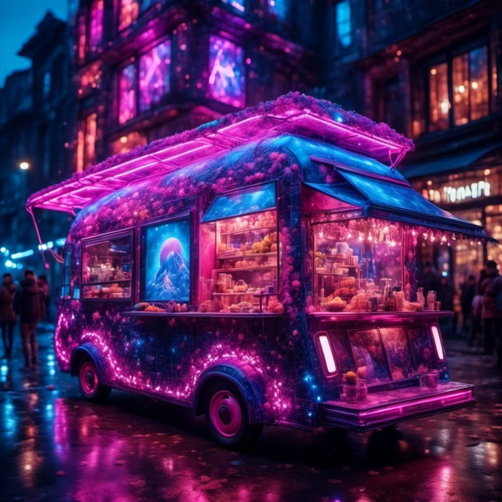 Futuristic Food Trucks on Neon Street with Robots