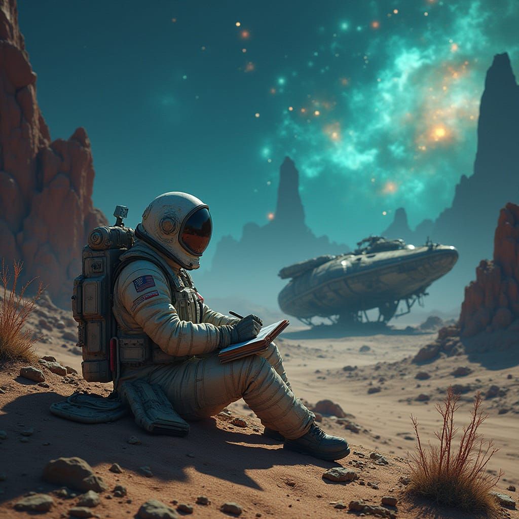 Astronaut Sketches on Alien Planet with Crashed Spaceship