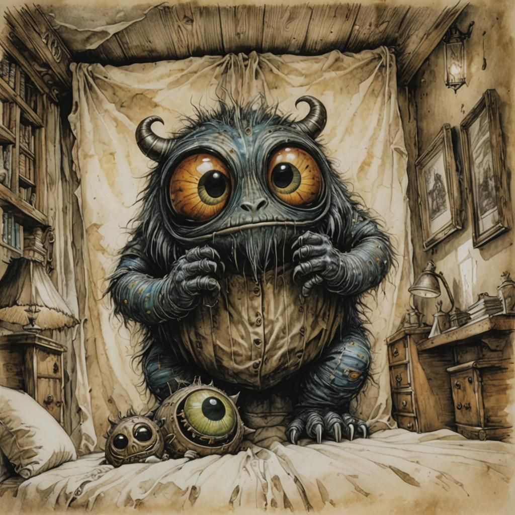 Cuddly Monster Hiding Under Bed: Fantasy Illustration