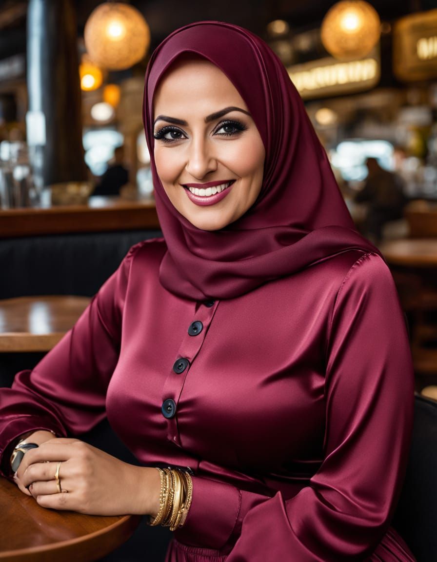 A Beautiful Hijabi Woman in a Vibrant Cafe Scene