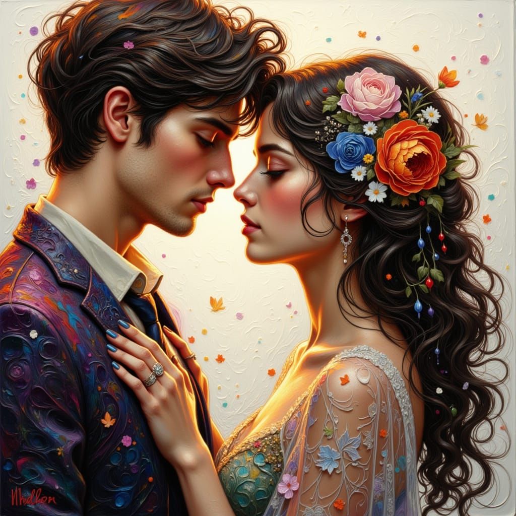 Young Couple in Textured Oil Painting with Alcohol Ink Style