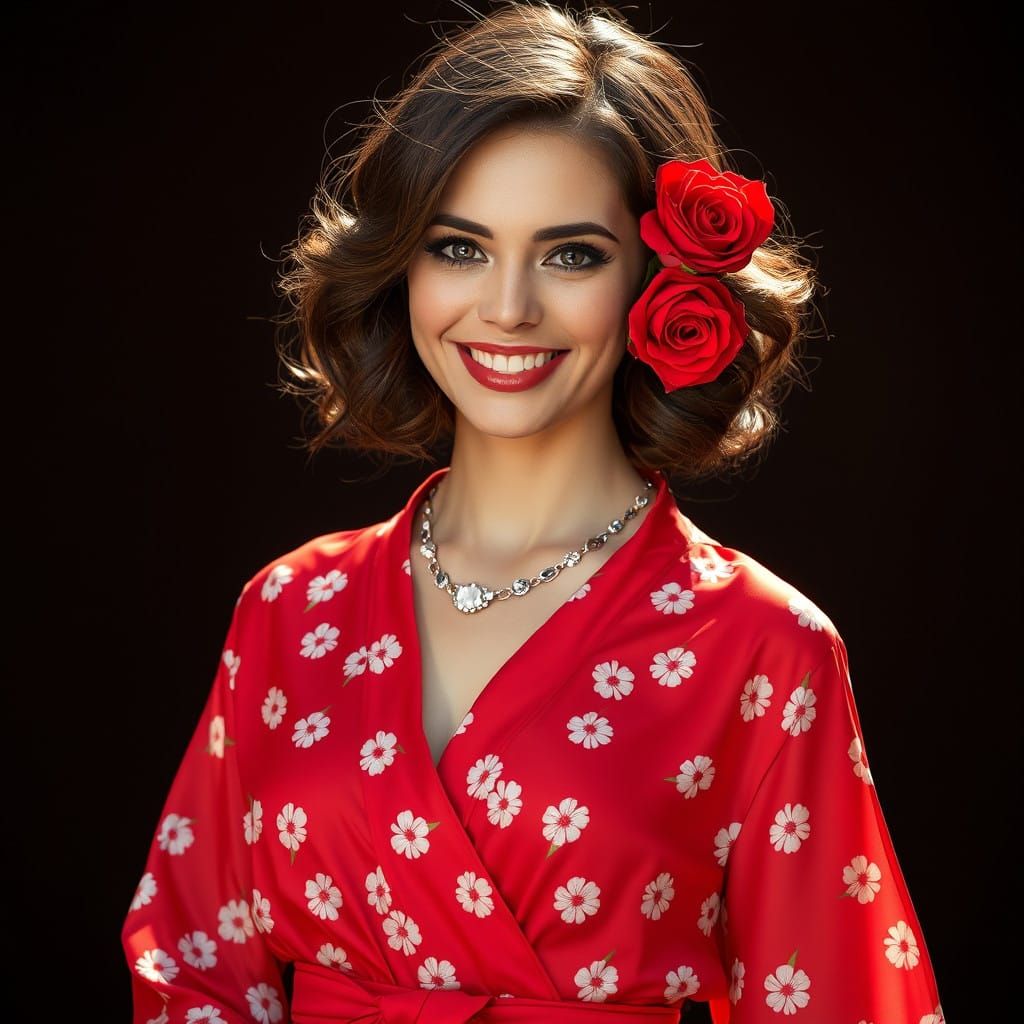 Glowing Brown Beauty in Vibrant Red Gown with White Flowers